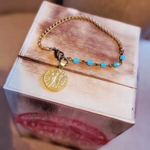 Gold-Tone Coin Pendant Bracelet with Turquoise Beads